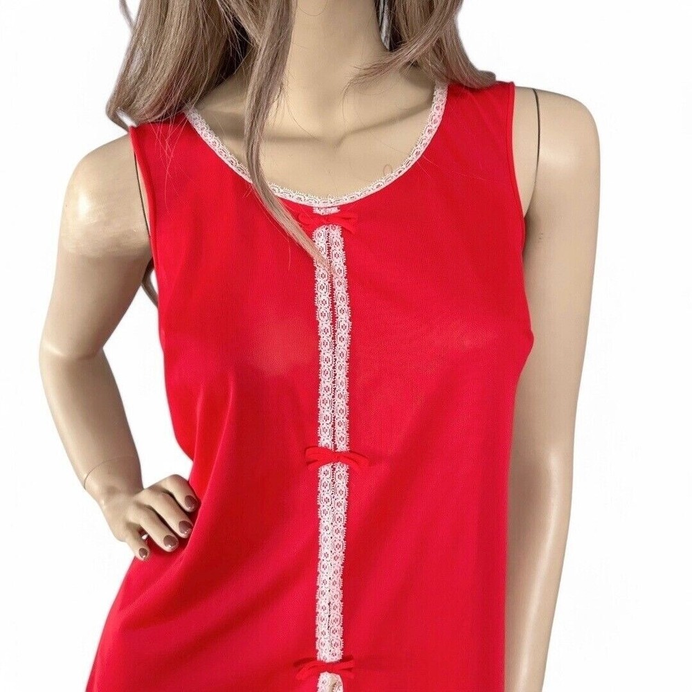 Vintage 70s Cherry Red Nylon‎ Babydoll Nightie S Coquette Lace Trim Chiffon Bow - Picture 2 of 8